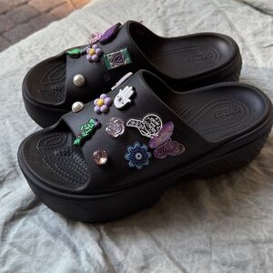 Witchy Crocs Black Stomp Slides magic halloween nature platform
